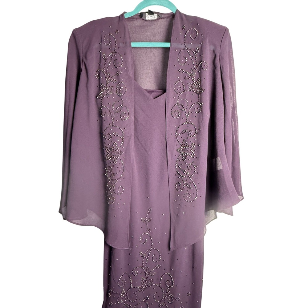 R&M Richards Purple Chiffon Beaded Strappy Dress/Jacket Evening Gown Bridal Sz 6